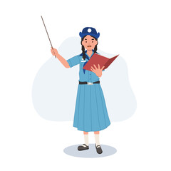 Education and Learning Concept. Young Thai Girl Scout Teaching with Pointing Stick.