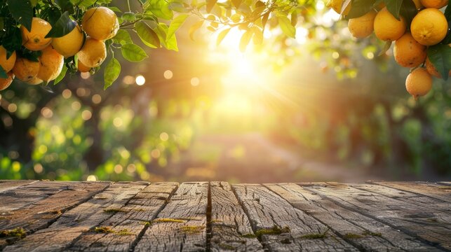 Sunlit lemon citrus fruits on wooden table in golden hour with field trees background