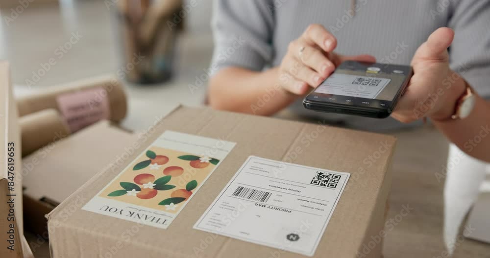 Poster Hands, woman and scan box with smartphone for dropshipping in office and QR code. Technology, package and online order or parcel for delivery in inventory or small business and ecommerce for courier