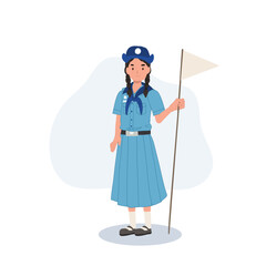 Thai Girl Scout in Uniform Holding Flag. Cultural Symbolism in Scout