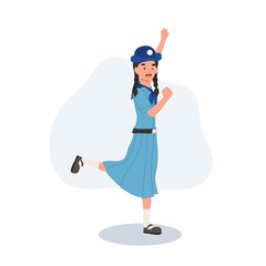 Young Thai Girl Scout in Uniform Raises Hand with Joy. Empowerment. Let's Go with Confidence