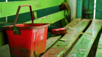 Factory lunch pail on bench, close-up, worker's mealtime, no humans, vivid colors, intimate detail 