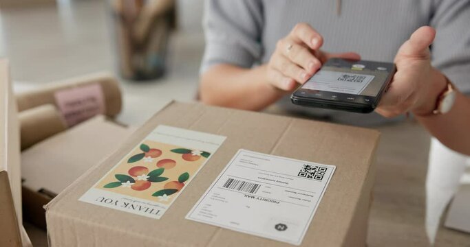 Hands, woman and scan box with smartphone for dropshipping in office and QR code. Technology, package and online order or parcel for delivery in inventory or small business and ecommerce for courier