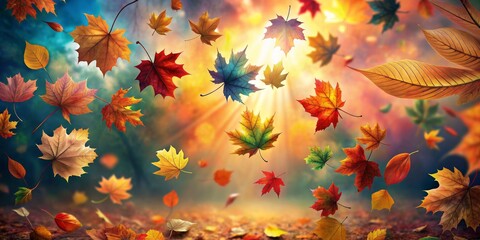 A colorful autumn scene with leaves falling from the sky