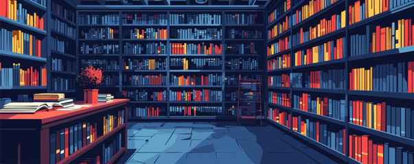 Fototapeta premium Vintage bookstore with shelves of books. Vector flat minimalistic isolated