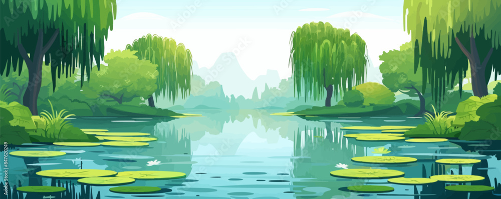 Poster a tranquil riverside park with weeping willow trees and a pond filled with lily pads. vector flat mi