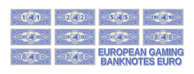 Vector set of blue EU gaming banknotes. European notes in denominations of 1, 2, 5, 10, 20, 25, 50, 100, 200 and 500 euros. Collection. Wreath and guilloche mesh.