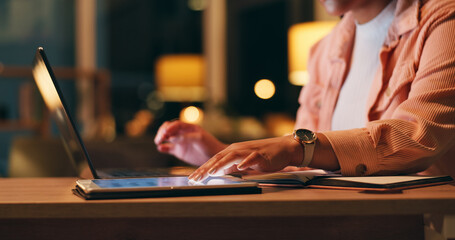 Business, woman and hand with tablet at night for remote work, blog research and creative ideas at home office desk. Entrepreneur, freelancer or copywriter with technology for online project planning