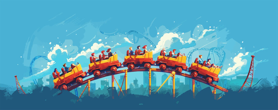 Amusement park roller coaster with excited riders. Vector flat minimalistic isolated