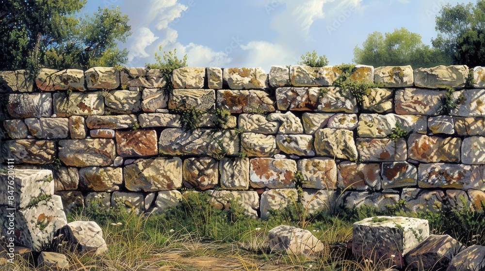 Poster origin of stone barrier constructed from blocks