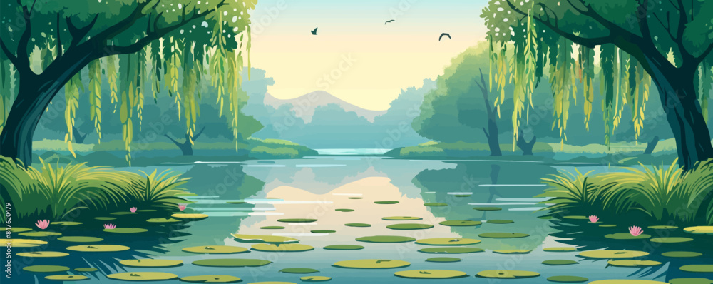 Poster a tranquil riverside park with weeping willow trees and a pond filled with lily pads. vector flat mi