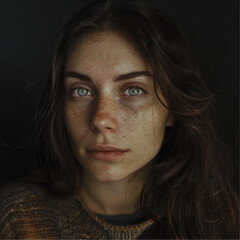 Fototapeta premium photo of a basic 30 years old woman , Beautiful model, has freckles, colored eyes, looking at the camera