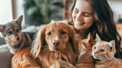 Friendly Pet Sitter Caring for Multiple Domestic Animals at Home
