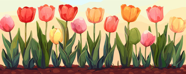 Obraz premium A row of colorful tulips in a garden bed. Vector flat minimalistic isolated