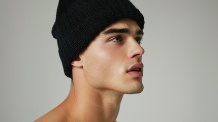 A handsome young man wears a simple black fur hat.