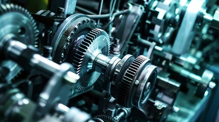 Fototapeta premium Close-up of factory calibration equipment, precision testing, no humans, technical gears, dim light 