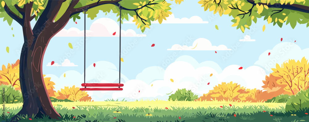Poster swing hanging from a tree branch in a park. vector flat minimalistic isolated