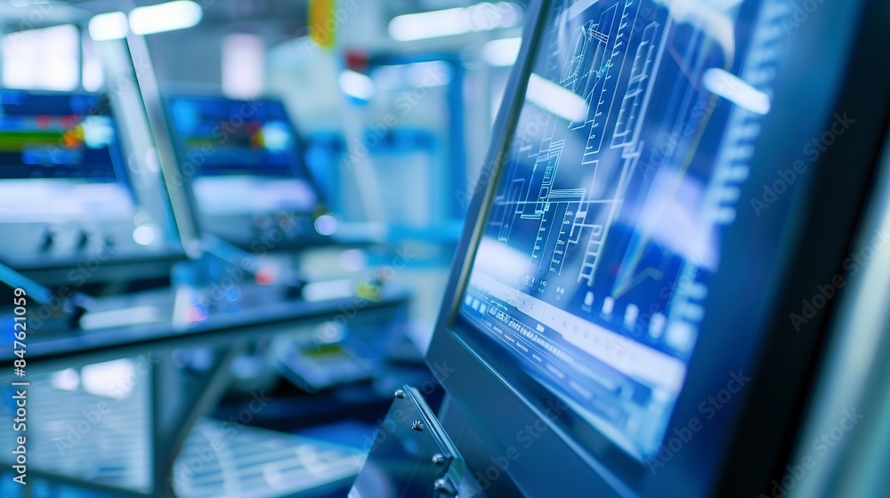 Poster close-up of digital quality control display, factory setting, no humans, real-time data, sharp clari