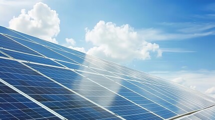 Factory solar panel section, close-up, no humans, renewable energy source, clear skies, direct sunlight 