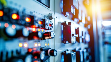 Close-up of programmable logic controller, factory energy management, no people, circuit details, sharp light 