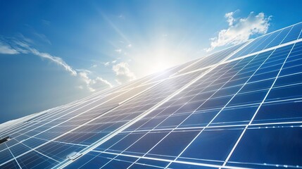 Factory solar panel section, close-up, no humans, renewable energy source, clear skies, direct sunlight 