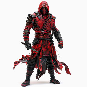 Realistic assassin on white background. 3D assassin creed cartoon character.