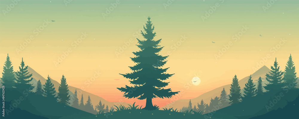 Poster towering pine tree in a serene forest setting. vector flat minimalistic isolated