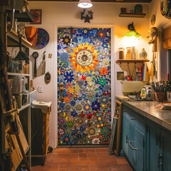 Artful Organization: Craft Room Entrance via Colorful Mosaic Pocket Door