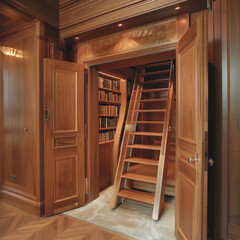 Whimsical Ascents: Library Loft Access via Ladder and Wooden Hatch
