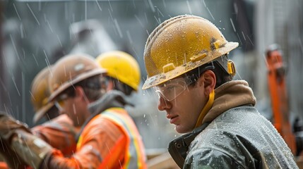 Fototapeta premium Construction workers wearing helmets and safety glasses work in the rain.