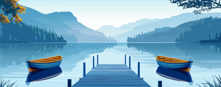 A serene lakeside pier with boats moored in the calm waters. Vector flat minimalistic isolated illustration.