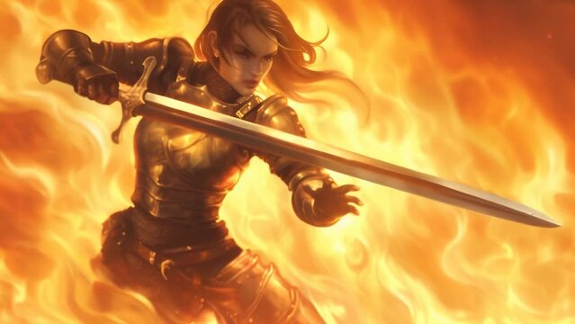 A fierce female warrior brandishing a flaming sword, surrounded by intense fire. Her determined expression and dynamic pose create a powerful and dramatic scene. 