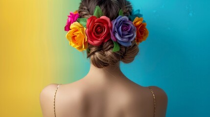 Back view of a woman wearing a colorful floral crown, set against a vibrant gradient background of yellow and blue. - Powered by Adobe