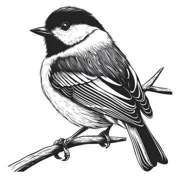 A chickadee clipart, bird element, vector illustration, black and white, isolated on white background