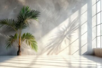 A single palm tree stands in the corner of a minimalist room, bathed in soft sunlight that casts its shadow on the wall.