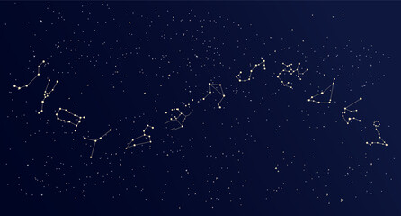 Constellation map, mystical cosmic sky with constellations and stars, nebula background, blue galaxy. Illustration, poster, vector © Tatiana