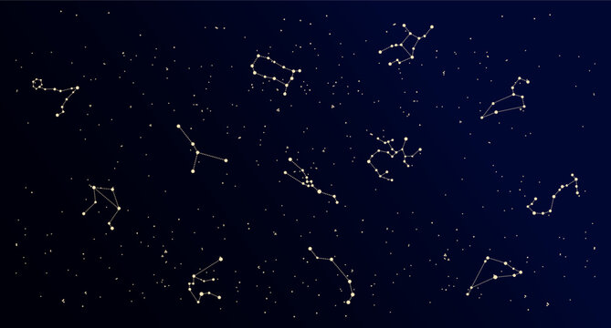 Constellation map, mystical cosmic sky with constellations and stars, nebula background, blue galaxy. Illustration, poster, vector