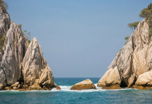 Rocky cliffs frame a clear blue sea.