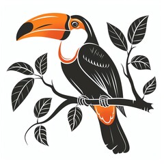 A toucan clipart, bird element, vector illustration, black and orange, isolated on white background