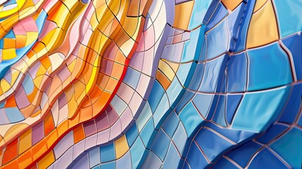 Artistic background, mosaic tiles flat design, side view, cultural heritage theme, 3D render, Triadic Color Scheme