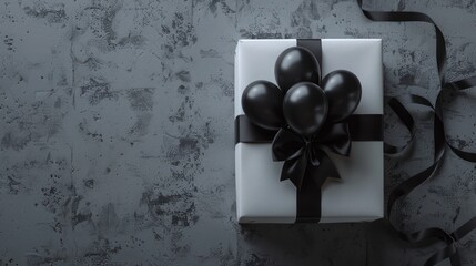 White gift wrap with black ribbon and balloons, birthday party celebration gift. Copy space happy birthday greetings.