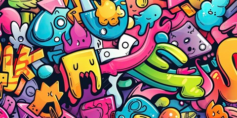 Obraz premium Artistic background, graffiti wall flat design, top view, urban theme, cartoon drawing, colored pastel