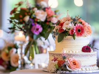A tight shot of a wedding cake on a table, adorned with flowers nearby A vase of blooms in the background completes the scene - ai