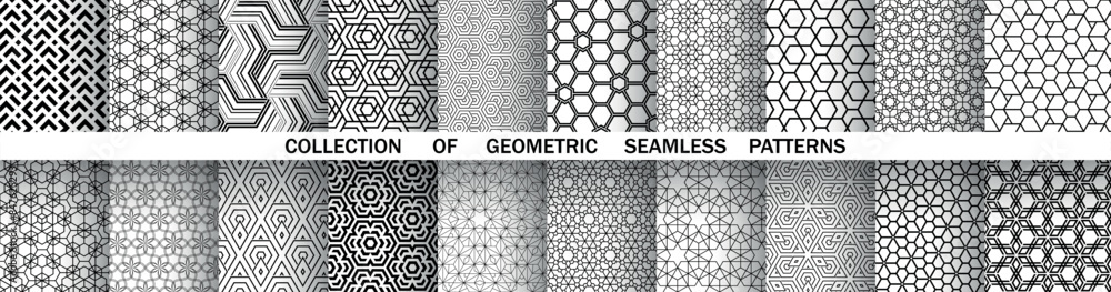 Poster geometric set of seamless black and white patterns. simple vector graphics.