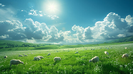 A peaceful meadow with lambs grazing under a bright sky, symbolizing eid-al-adha