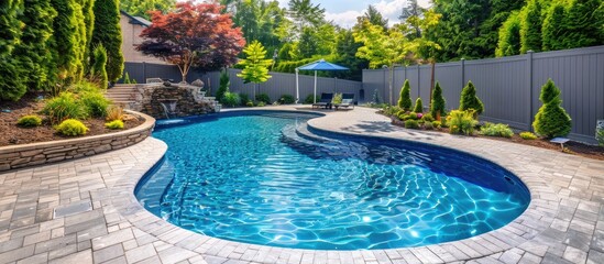 Swimming Pool in a Suburban Residential Backyard with Beautiful Landscaping and Fencing.