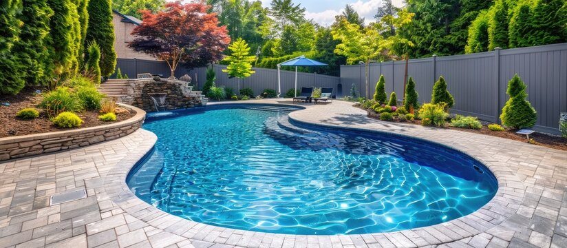 Swimming Pool in a Suburban Residential Backyard with Beautiful Landscaping and Fencing.