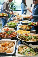 Professional Photography of an office potluck where employees share dishes from their diverse cultural backgrounds, fostering, Generative AI