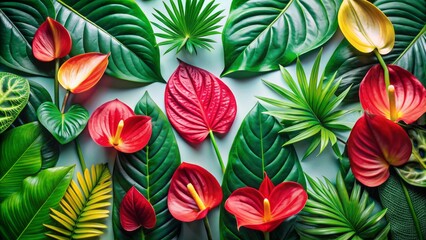 Naklejka premium A collection of various tropical leaves and bright anthurium flowers with an open area for text