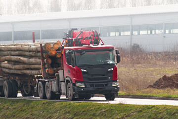 Truck driving with freshly cut timber on highway road